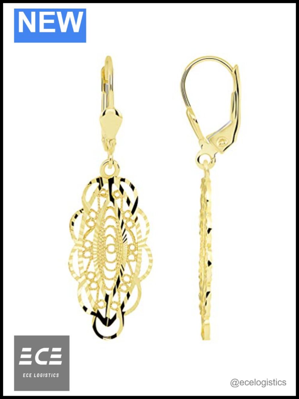 14k Yellow Gold Textured Oval Filigree Dangle Earrings Leverback
